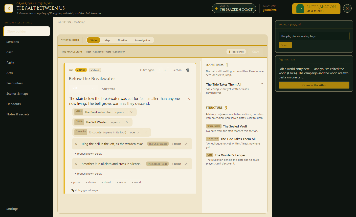 The Campaign Builder — writing beats with attached scenes, people and encounters, with structure advice on the right