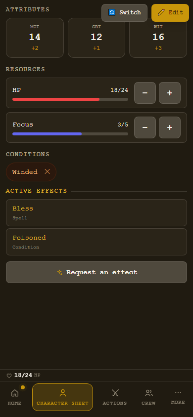 A player's character sheet on their phone, in the realm's own theme