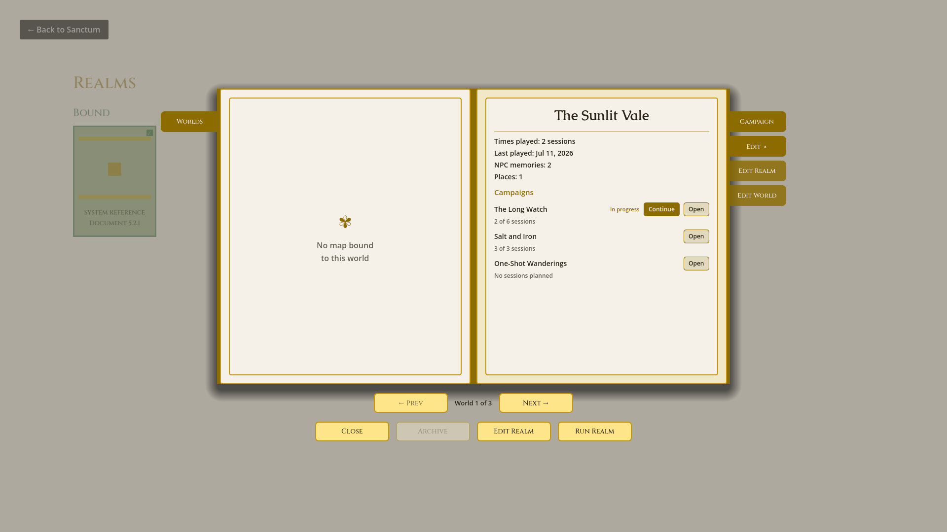 The Realm Book — a realm open as a two-page spread showing its worlds and campaigns
