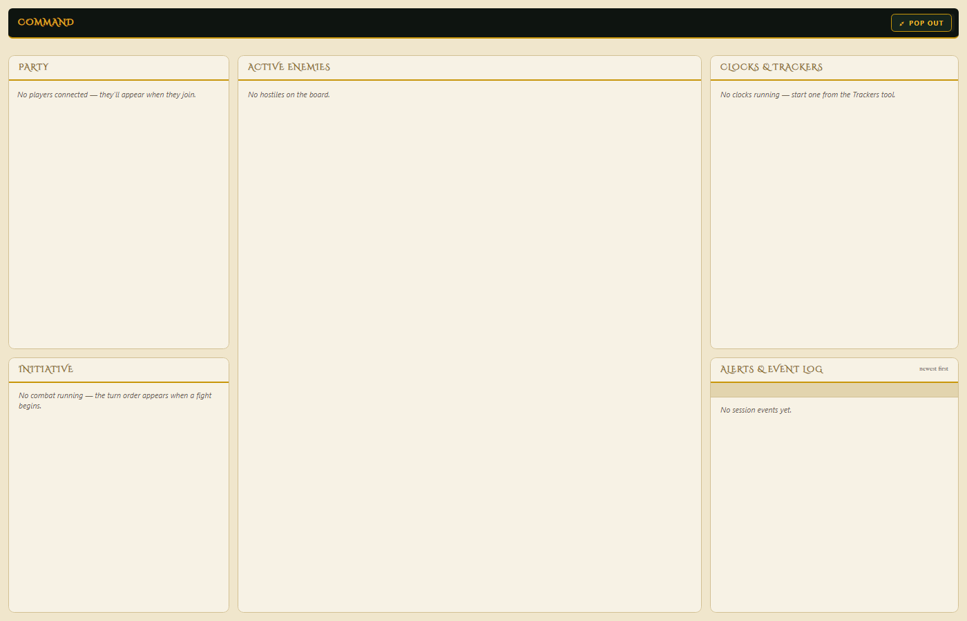 Session mode, Command preset — party, enemies, clocks, initiative and the event log