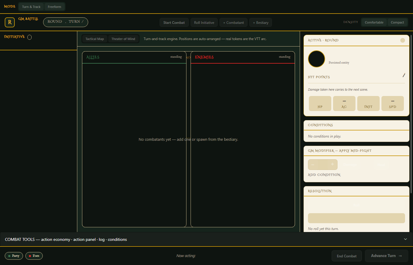 Session mode, Battle preset — initiative, combatant detail, conditions and resolution