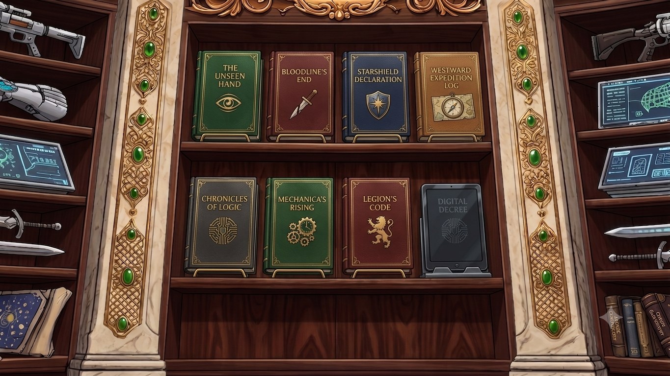 The realm shelf inside RPGadget — imported rulebooks standing as bound volumes between marble pillars